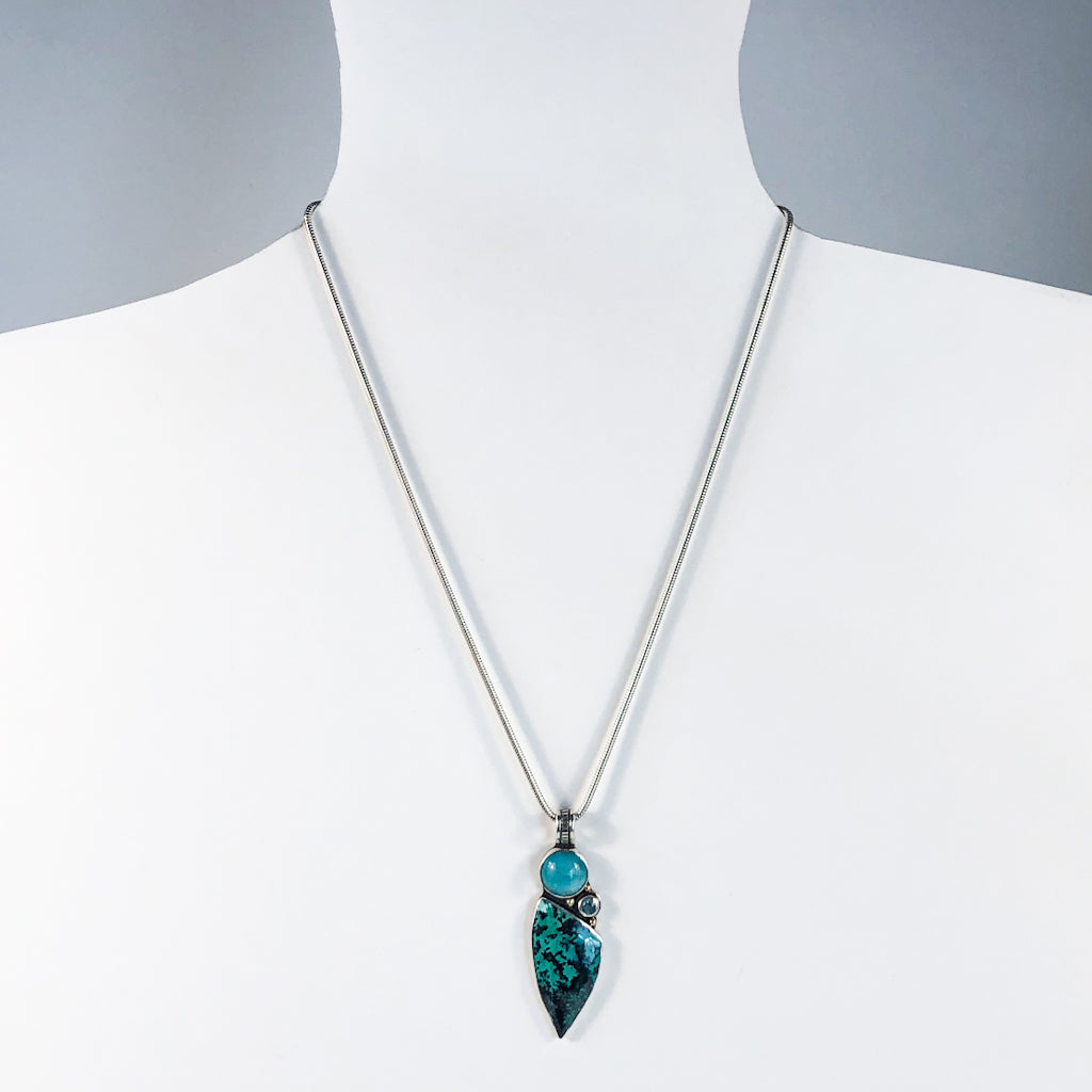 Sterling, 18k, Shattuckite, Amazonite, and Apatite Necklace