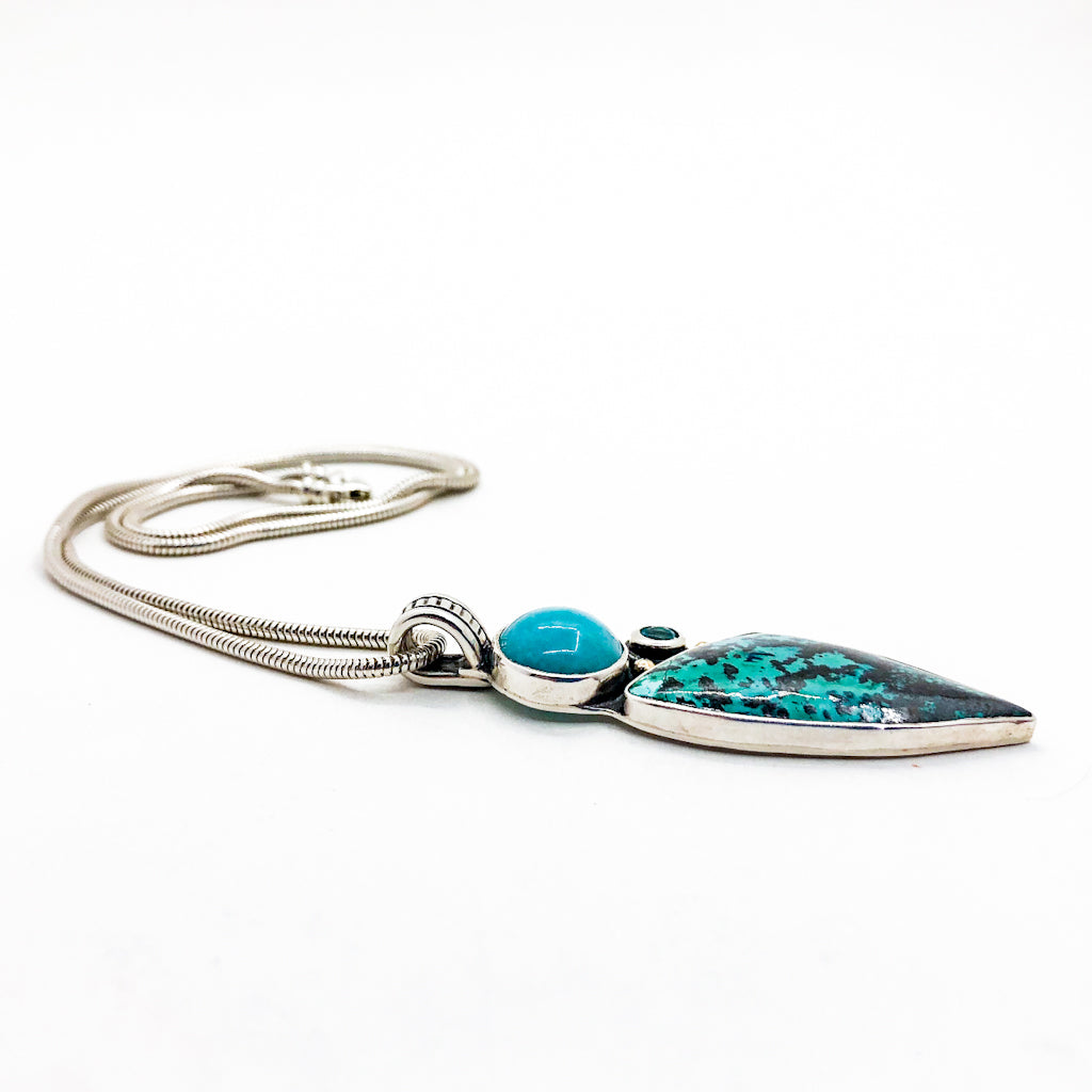 Sterling, 18k, Shattuckite, Amazonite, and Apatite Necklace