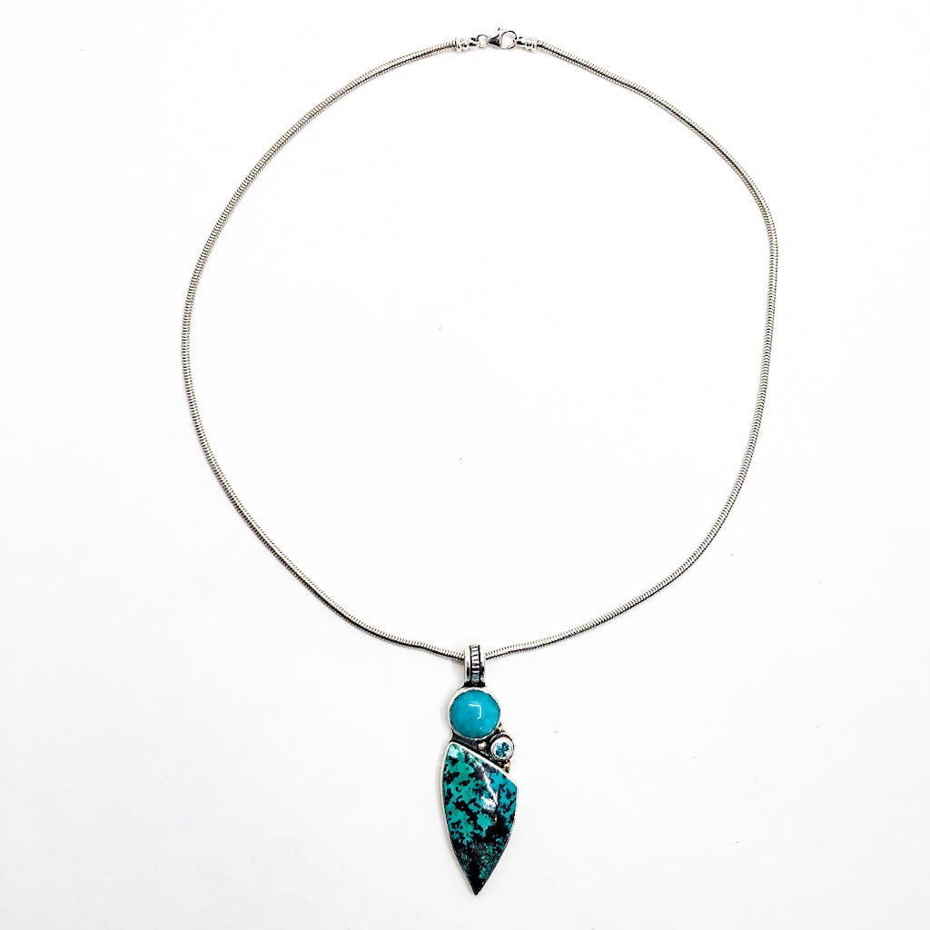 Sterling, 18k, Shattuckite, Amazonite, and Apatite Necklace