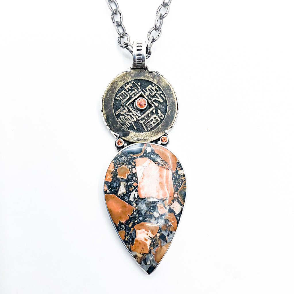 Sterling Maligano Jasper & Chinese Coin Pendant Necklace