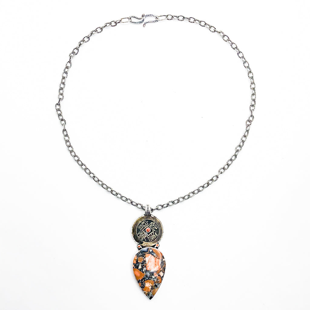 Sterling Maligano Jasper & Chinese Coin Pendant Necklace