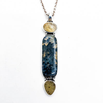 Sterling Stibnite in Chalcedony and Rutilated Quartz Pendant Necklace
