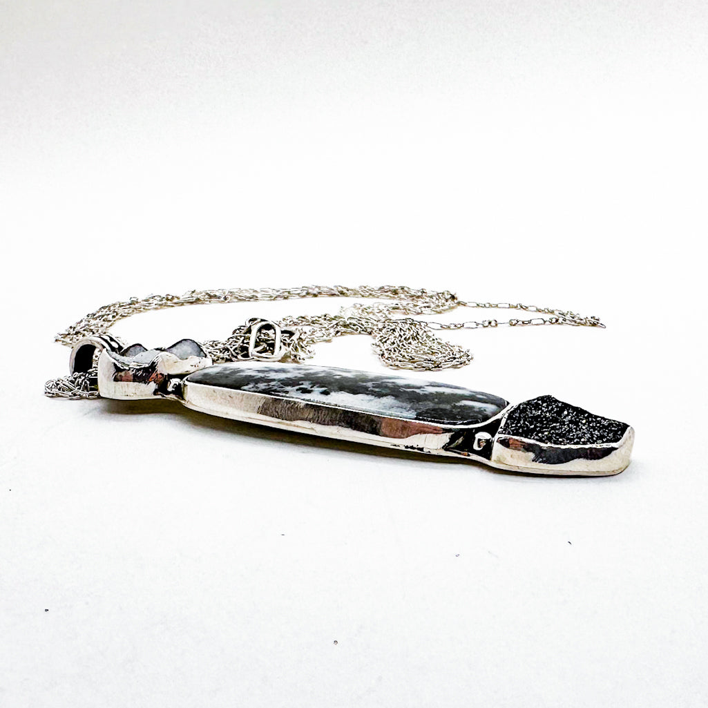 Sterling Plume Agate with White Druzy and Black Knight Druzy Necklace