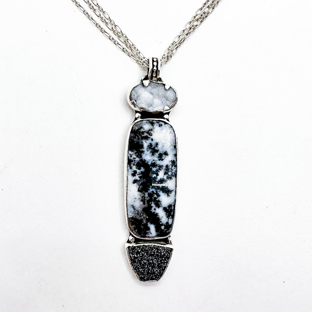 Sterling Plume Agate with White Druzy and Black Knight Druzy Necklace