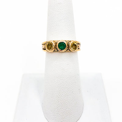 14k Gold Carved Ring with Emerald and Yellow Sapphires