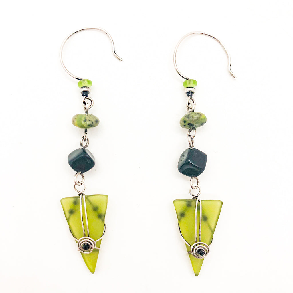 Asymmetrical Kiwi & Black Triangle Earrings