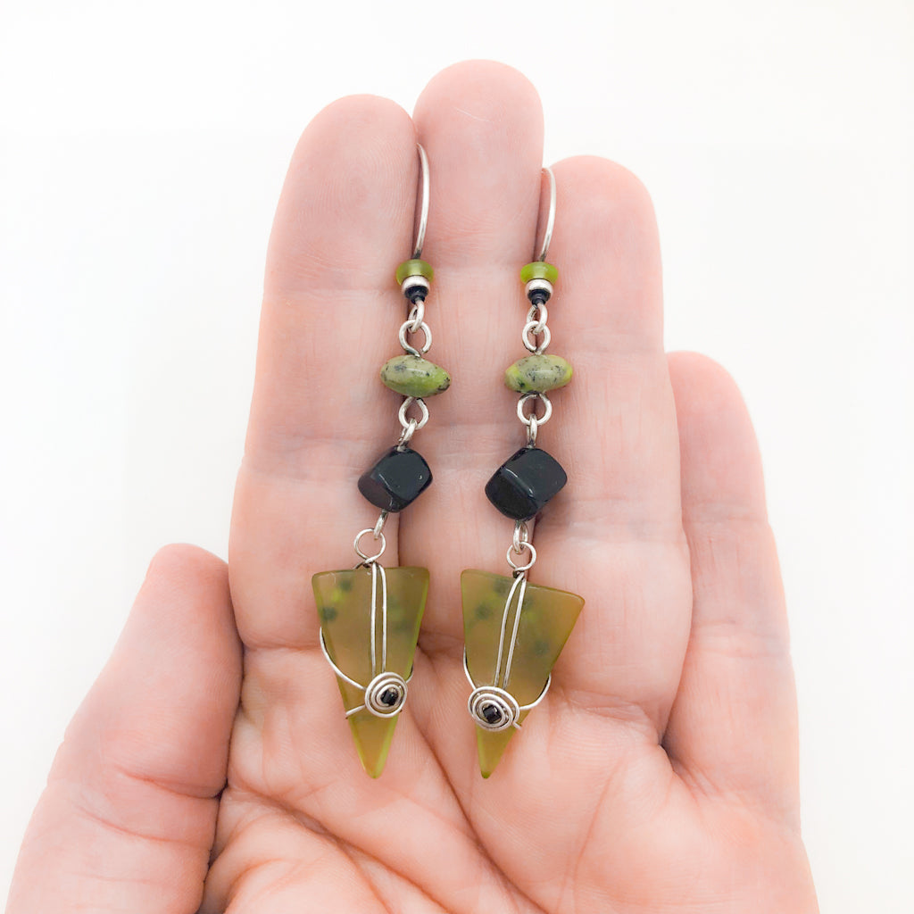 Asymmetrical Kiwi & Black Triangle Earrings