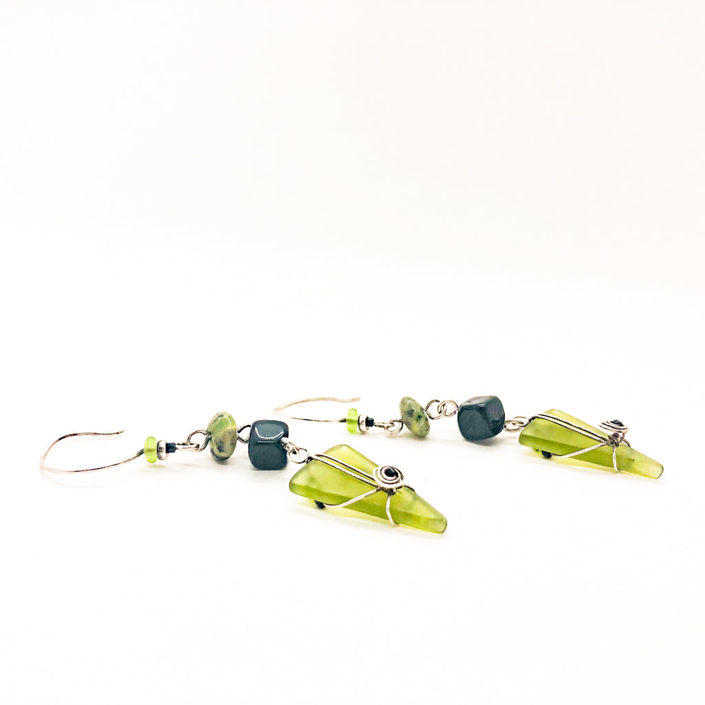 Asymmetrical Kiwi & Black Triangle Earrings