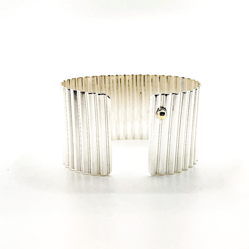 back side view of 1 1/2" Sterling Corrugated Cuff with 14k Gold Ball by Judie Raiford